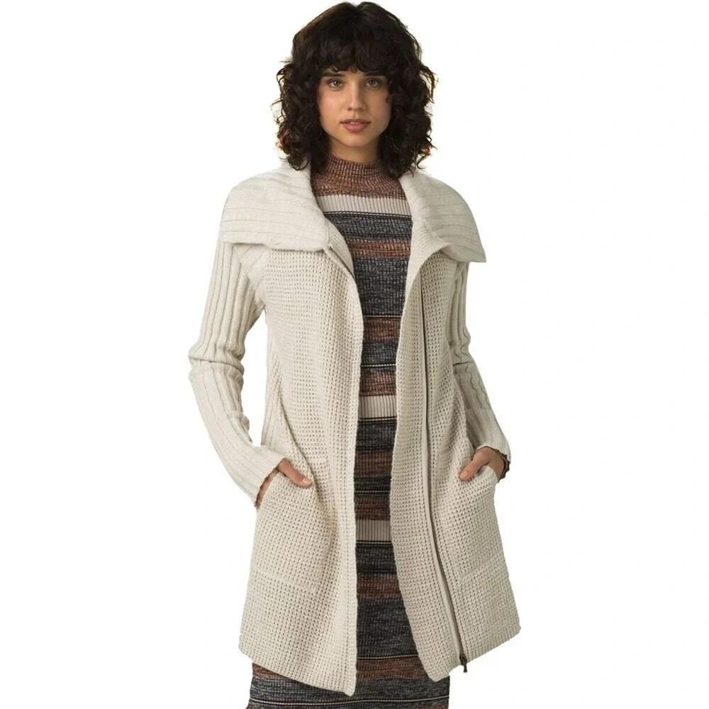 PrAna Yunna Sweater Asymmetrical Zip Knit Long Cardigan Small Shawl Collar